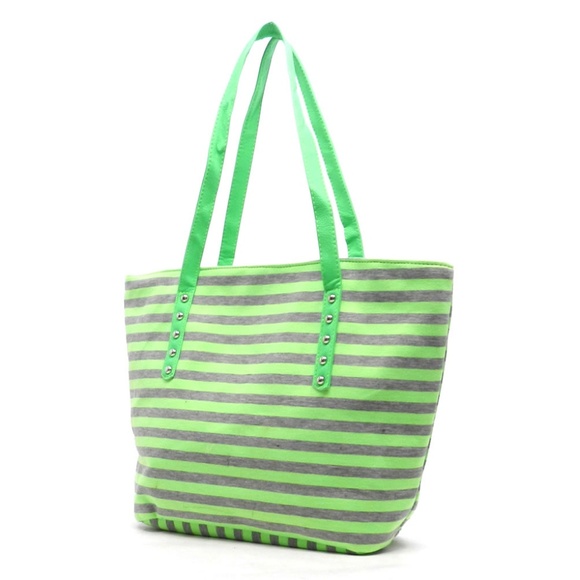 GREEN JERSEY STRIPED OVERSIZED NEON TOTE - Picture 2 of 2